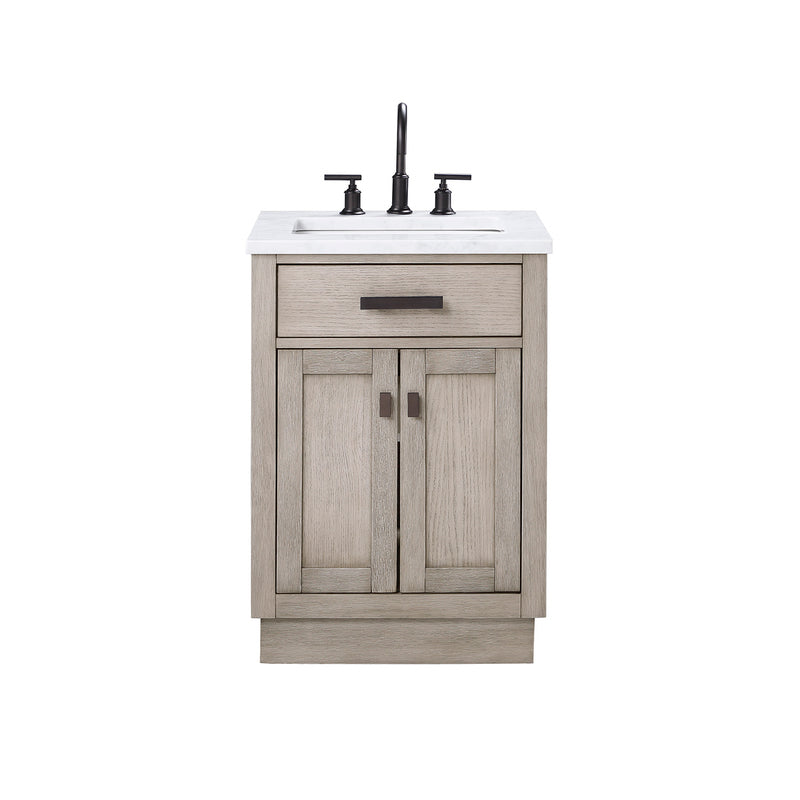 Water Creation Chestnut 24" Single Sink Carrara White Marble Countertop Vanity In Gray Oak with Grooseneck Faucet and Mirror CH24CW03GK-R21BL1403