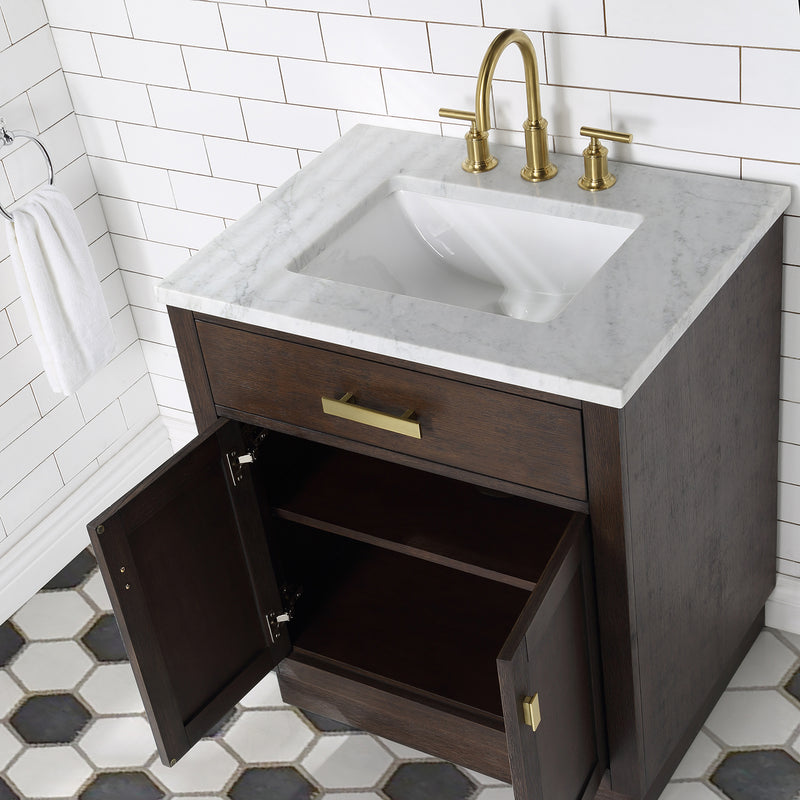 Water Creation Chestnut 30" Single Sink Carrara White Marble Countertop Vanity In Brown Oak with Grooseneck Faucet and Mirror CH30CW06BK-R21BL1406