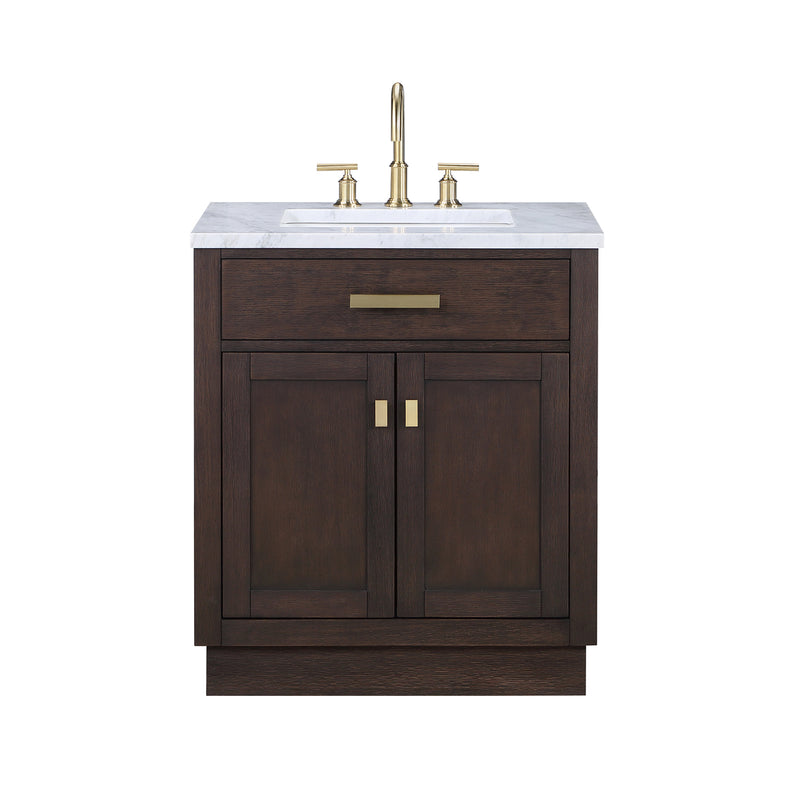 Water Creation Chestnut 30" Single Sink Carrara White Marble Countertop Vanity In Brown Oak CH30CW06BK-000000000