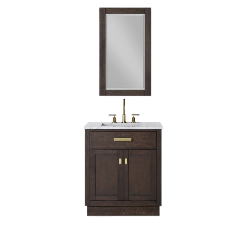 Water Creation Chestnut 30" Single Sink Carrara White Marble Countertop Vanity In Brown Oak with Grooseneck Faucet and Mirror CH30CW06BK-R21BL1406