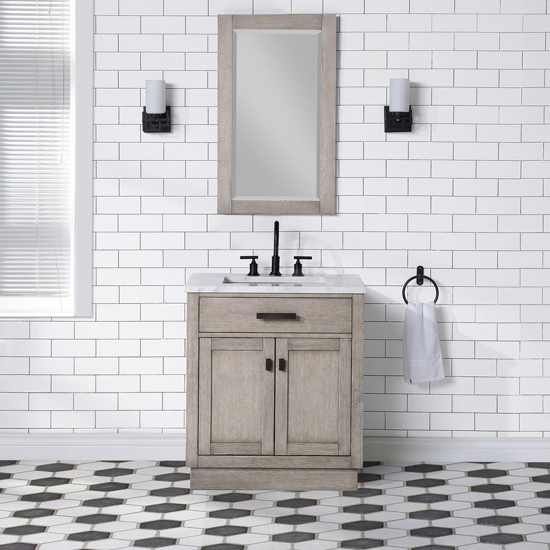 Water Creation Chestnut 30" Single Sink Carrara White Marble Countertop Vanity In Gray Oak with Grooseneck Faucet and Mirror CH30CW03GK-R21BL1403