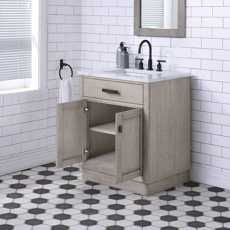 Water Creation Chestnut 30" Single Sink Carrara White Marble Countertop Vanity In Gray Oak with Mirror CH30CW03GK-R21000000