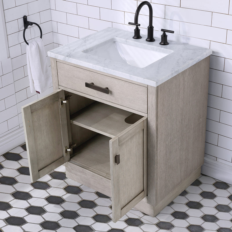 Water Creation Chestnut 30" Single Sink Carrara White Marble Countertop Vanity In Gray Oak with Mirror CH30CW03GK-R21000000