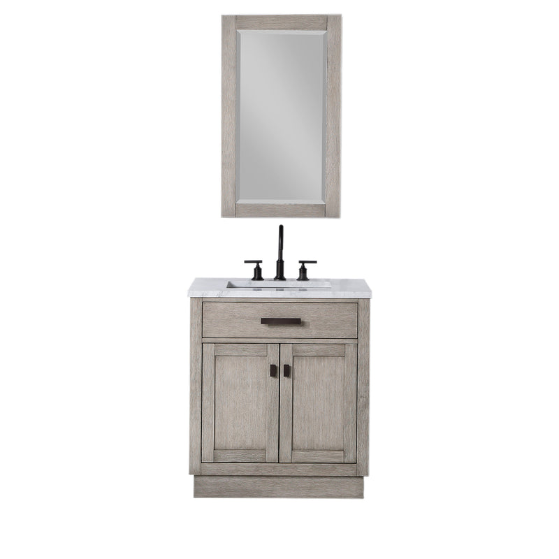 Water Creation Chestnut 30" Single Sink Carrara White Marble Countertop Vanity In Gray Oak with Grooseneck Faucet and Mirror CH30CW03GK-R21BL1403