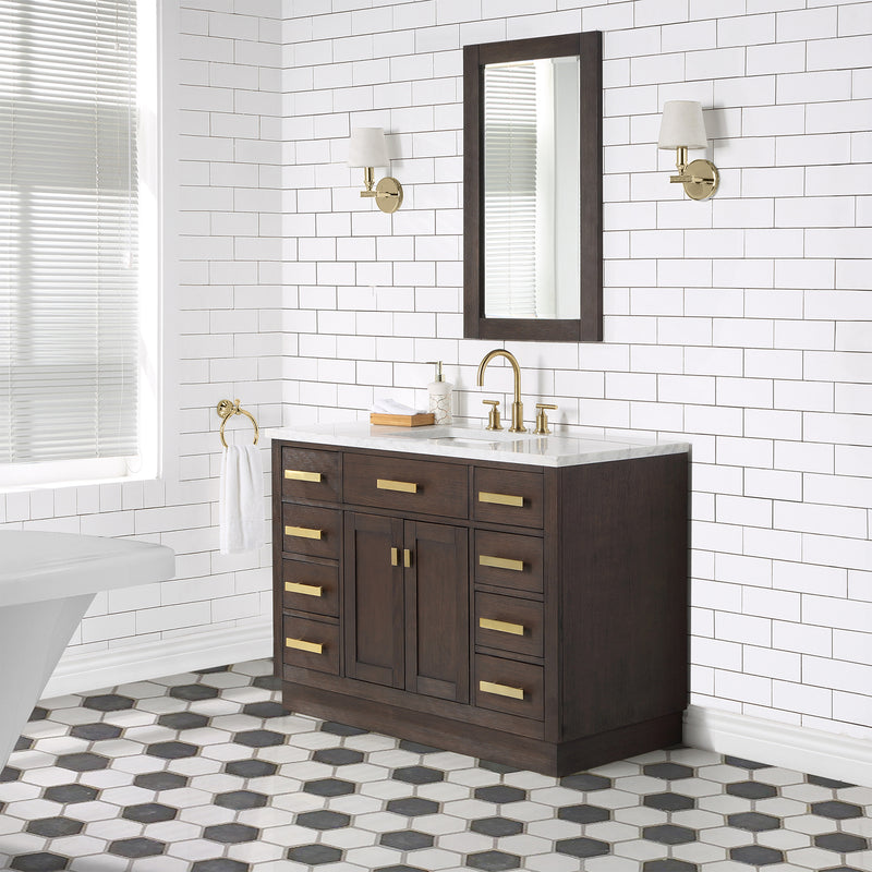 Water Creation Chestnut 48" Single Sink Carrara White Marble Countertop Vanity In Brown Oak with Mirror CH48CW06BK-R21000000