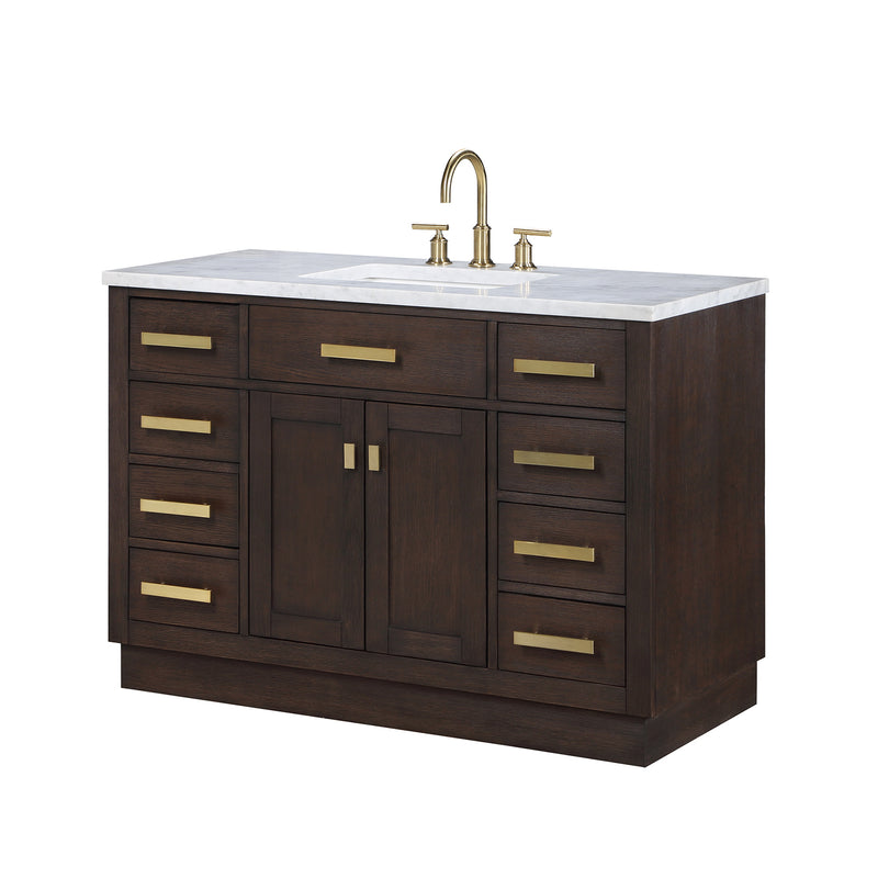 Water Creation Chestnut 48" Single Sink Carrara White Marble Countertop Vanity In Brown Oak with Grooseneck Faucet and Mirror CH48CW06BK-R21BL1406