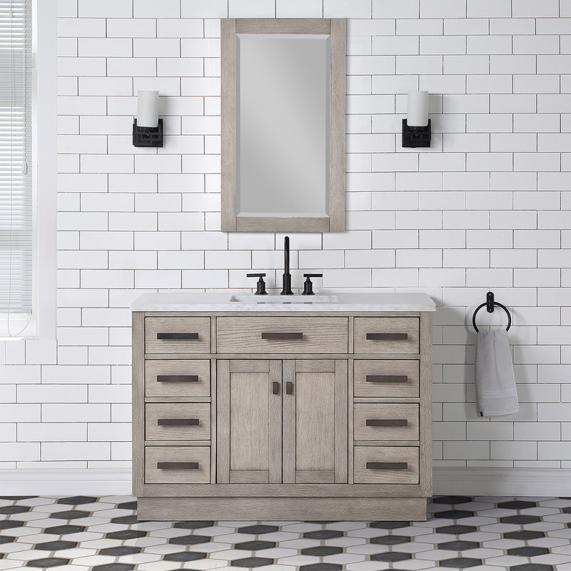 Water Creation Chestnut 48" Single Sink Carrara White Marble Countertop Vanity In Gray Oak with Grooseneck Faucet CH48CW03GK-000BL1403