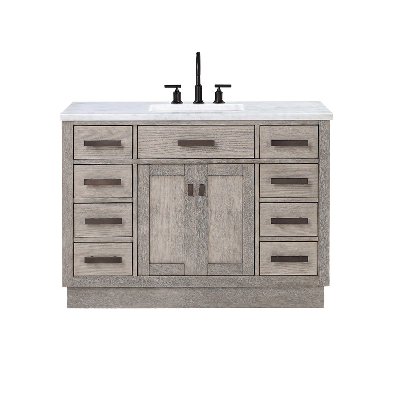 Water Creation Chestnut 48" Single Sink Carrara White Marble Countertop Vanity In Gray Oak with Grooseneck Faucet CH48CW03GK-000BL1403