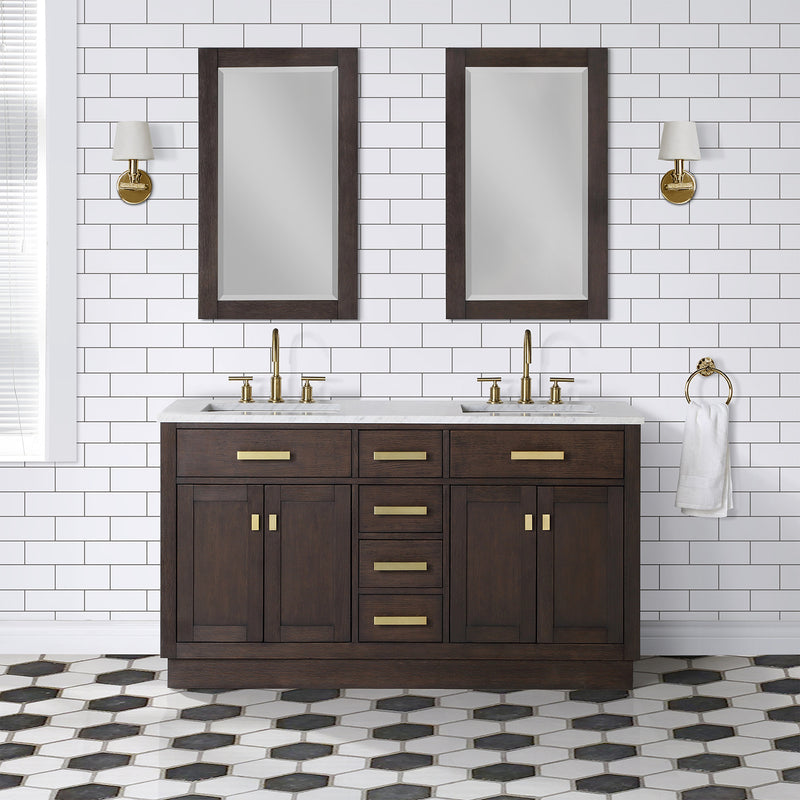 Water Creation Chestnut 60" Double Sink Carrara White Marble Countertop Vanity In Brown Oak CH60CW06BK-000000000