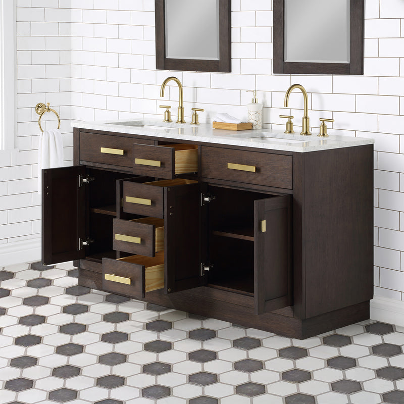 Water Creation Chestnut 60" Double Sink Carrara White Marble Countertop Vanity In Brown Oak with Mirrors CH60CW06BK-R21000000