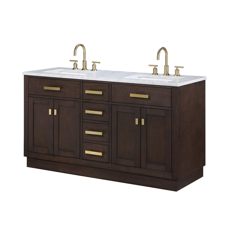 Water Creation Chestnut 60" Double Sink Carrara White Marble Countertop Vanity In Brown Oak CH60CW06BK-000000000