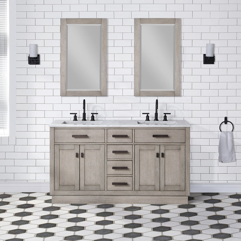 Water Creation Chestnut 60" Double Sink Carrara White Marble Countertop Vanity In Gray Oak CH60CW03GK-000000000