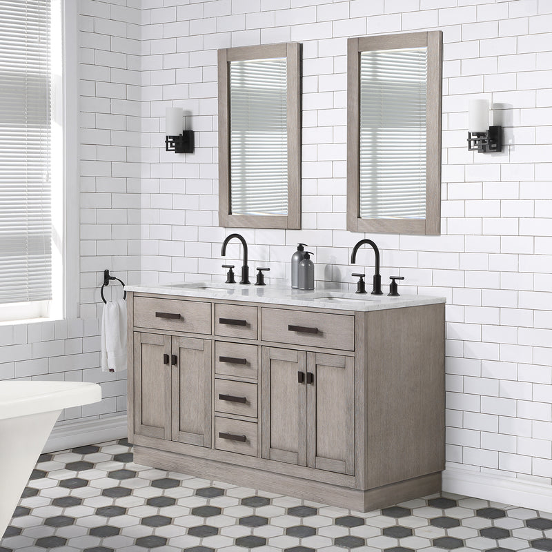 Water Creation Chestnut 60" Double Sink Carrara White Marble Countertop Vanity In Gray Oak with Mirrors CH60CW03GK-R21000000