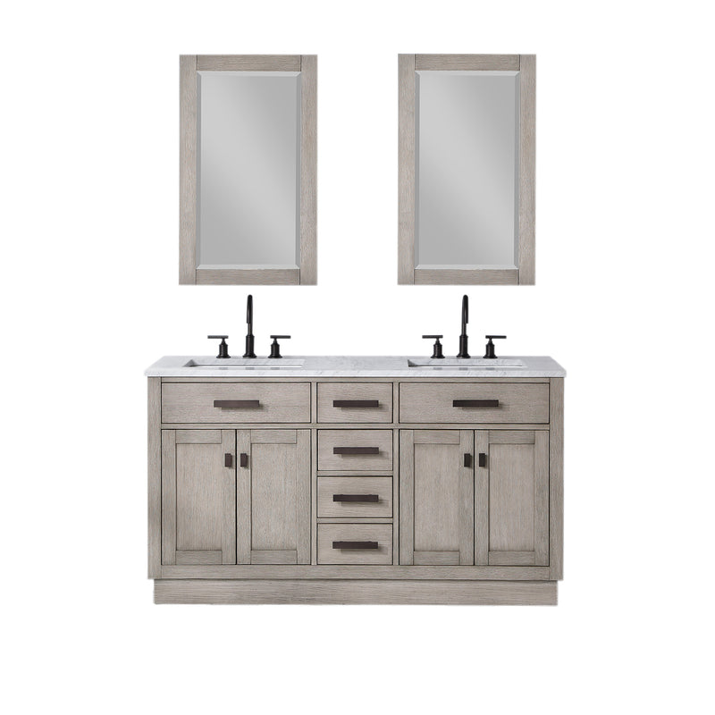 Water Creation Chestnut 60" Double Sink Carrara White Marble Countertop Vanity In Gray Oak with Mirrors CH60CW03GK-R21000000