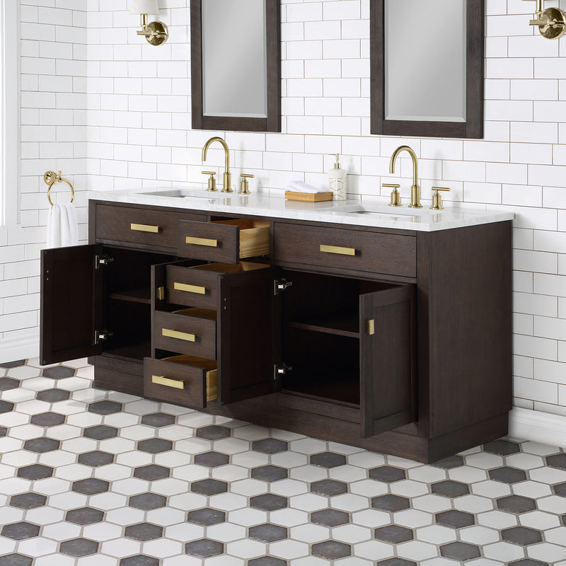 Water Creation Chestnut 72" Double Sink Carrara White Marble Countertop Vanity In Brown Oak with Grooseneck Faucets CH72CW06BK-000BL1406