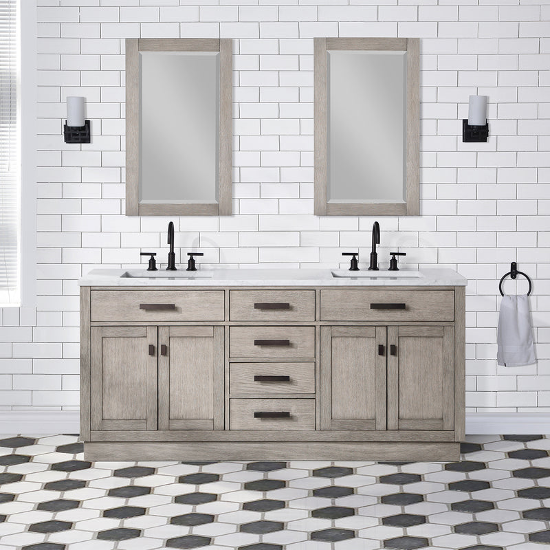 Water Creation Chestnut 72" Double Sink Carrara White Marble Countertop Vanity In Gray Oak with Grooseneck Faucets and Mirrors CH72CW03GK-R21BL1403