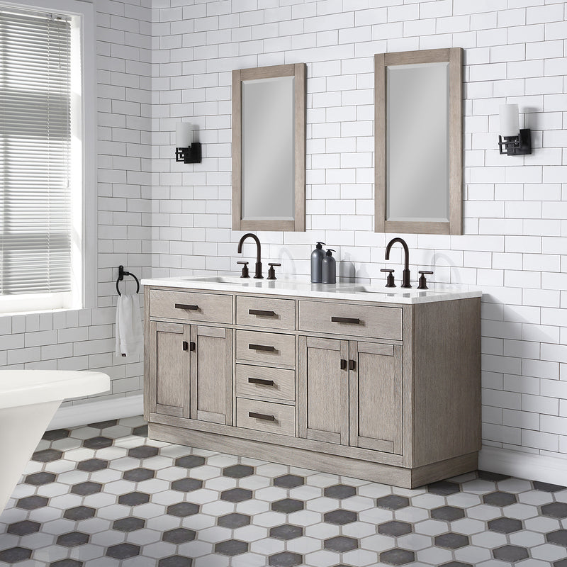 Water Creation Chestnut 72" Double Sink Carrara White Marble Countertop Vanity In Gray Oak with Grooseneck Faucets and Mirrors CH72CW03GK-R21BL1403