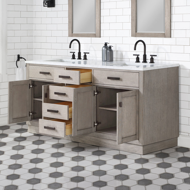 Water Creation Chestnut 72" Double Sink Carrara White Marble Countertop Vanity In Gray Oak with Grooseneck Faucets and Mirrors CH72CW03GK-R21BL1403