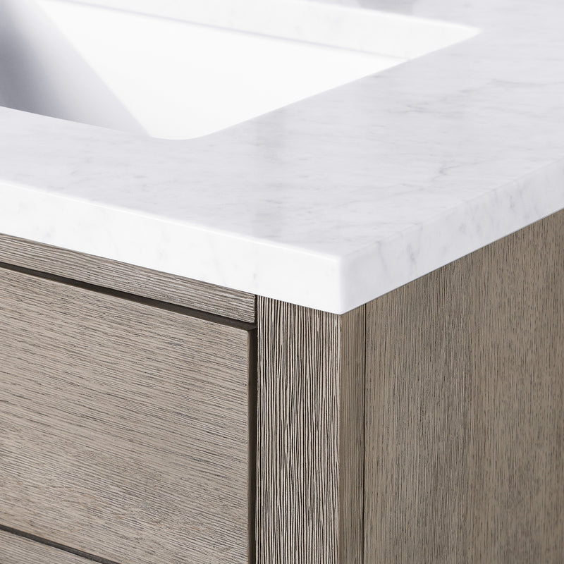 Water Creation Chestnut 72" Double Sink Carrara White Marble Countertop Vanity In Gray Oak with Grooseneck Faucets and Mirrors CH72CW03GK-R21BL1403