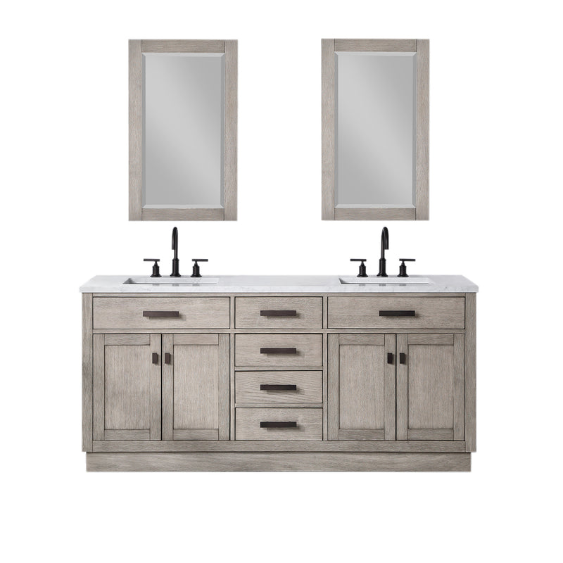 Water Creation Chestnut 72" Double Sink Carrara White Marble Countertop Vanity In Gray Oak with Grooseneck Faucets and Mirrors CH72CW03GK-R21BL1403