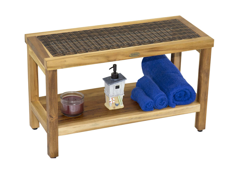 EcoDecor EarthyTeak Eleganto 30" Shower Stool with Viro Indoor or Outdoor Rattan Top and Shelf