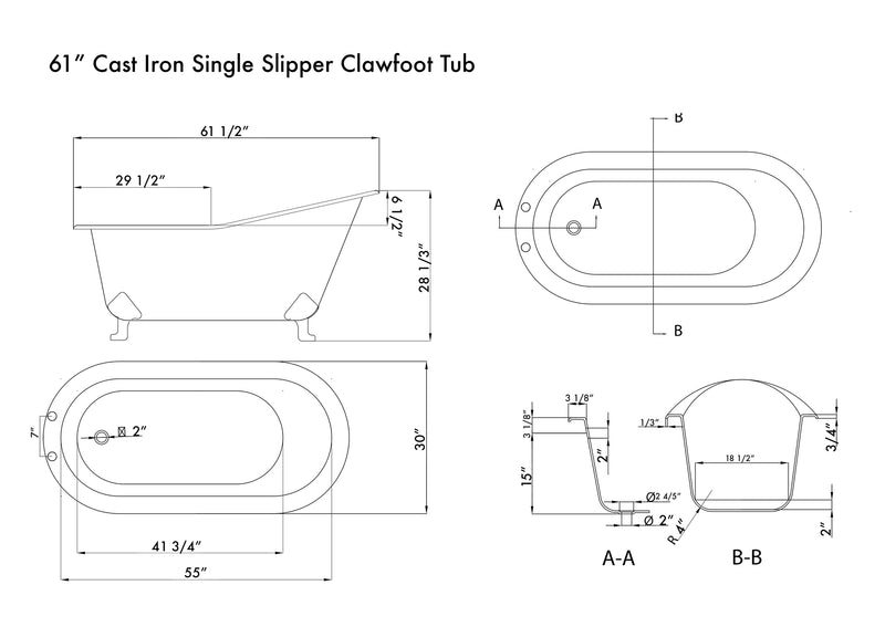 Cambridge Plumbing Cast Iron Slipper Clawfoot Tub 61" x 30" Complete Oil Rub BRZ Package
