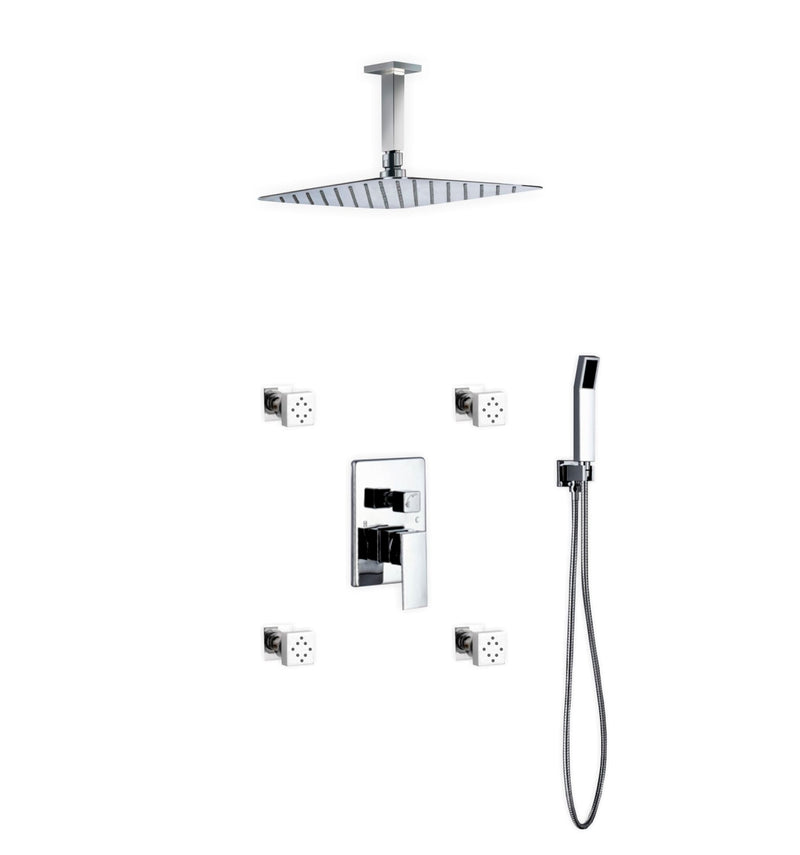 KubeBath Aqua Piazza Brass Shower Set with 12" Ceiling Mount Square Rain Shower 4 Body Jets and Handheld CR3004JHH3V