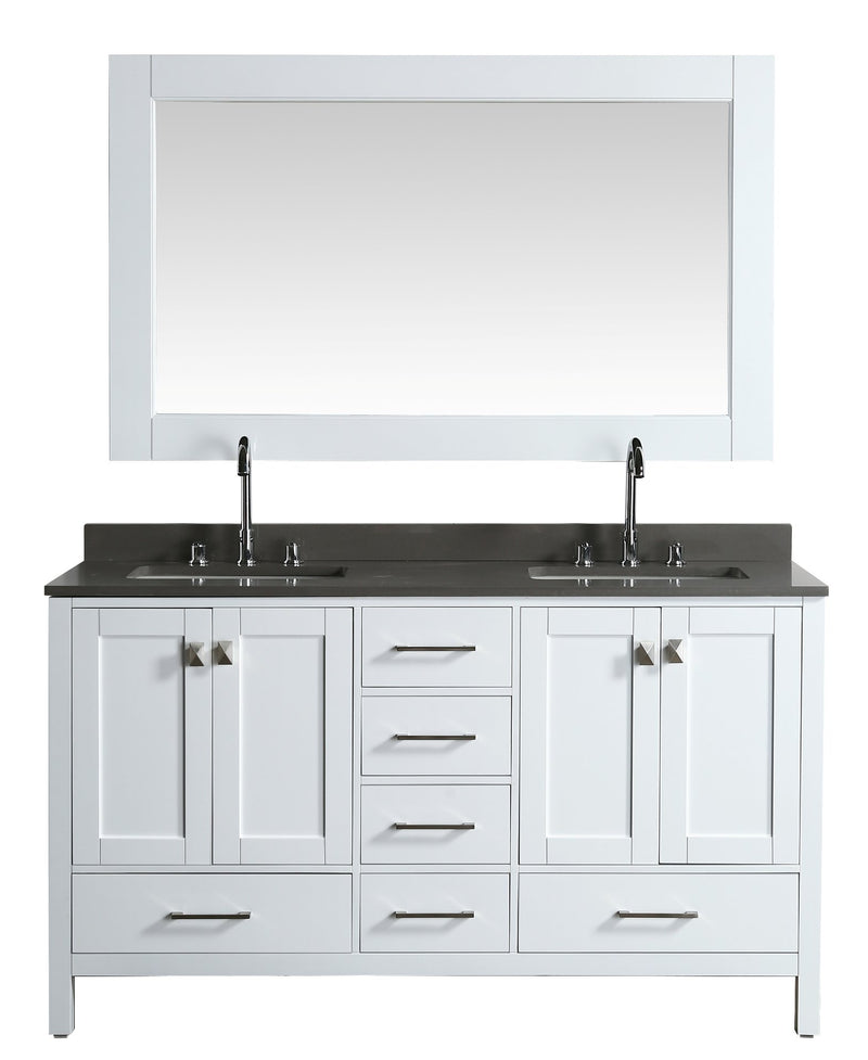 Design Element London 61" Vanity in White with Quartz Vanity Top in Gray with White Basin and Mirror