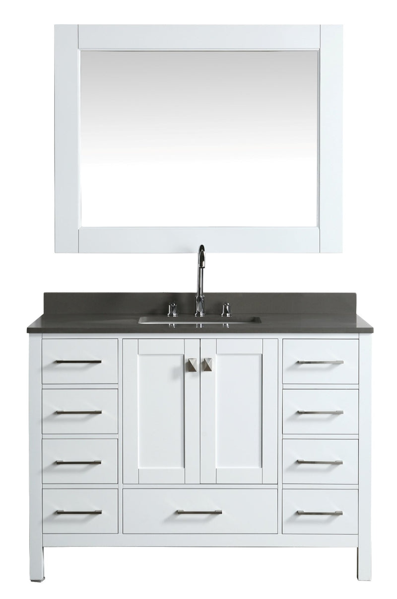 Design Element London 48" Vanity in White with Quartz Vanity Top in Gray with White Basin and Mirror