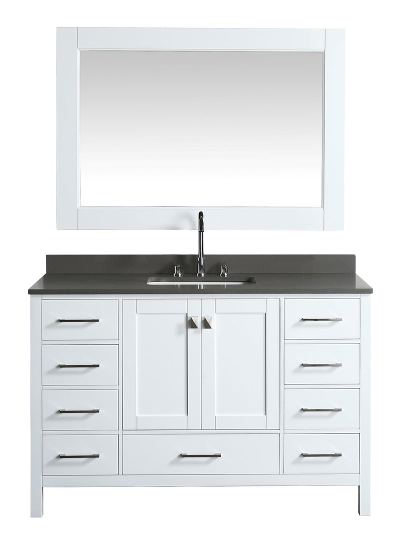 Design Element London 54" Vanity in White with Quartz Vanity Top in Gray with White Basin and Mirror