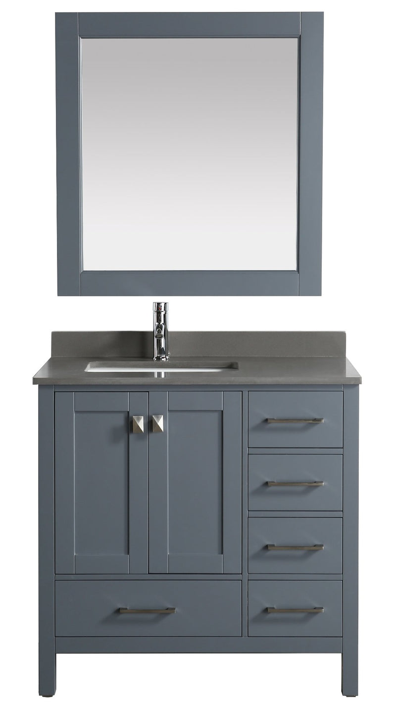 Design Element London 36" Vanity in Gray with Quartz Vanity Top in Gray with White Basin and Mirror