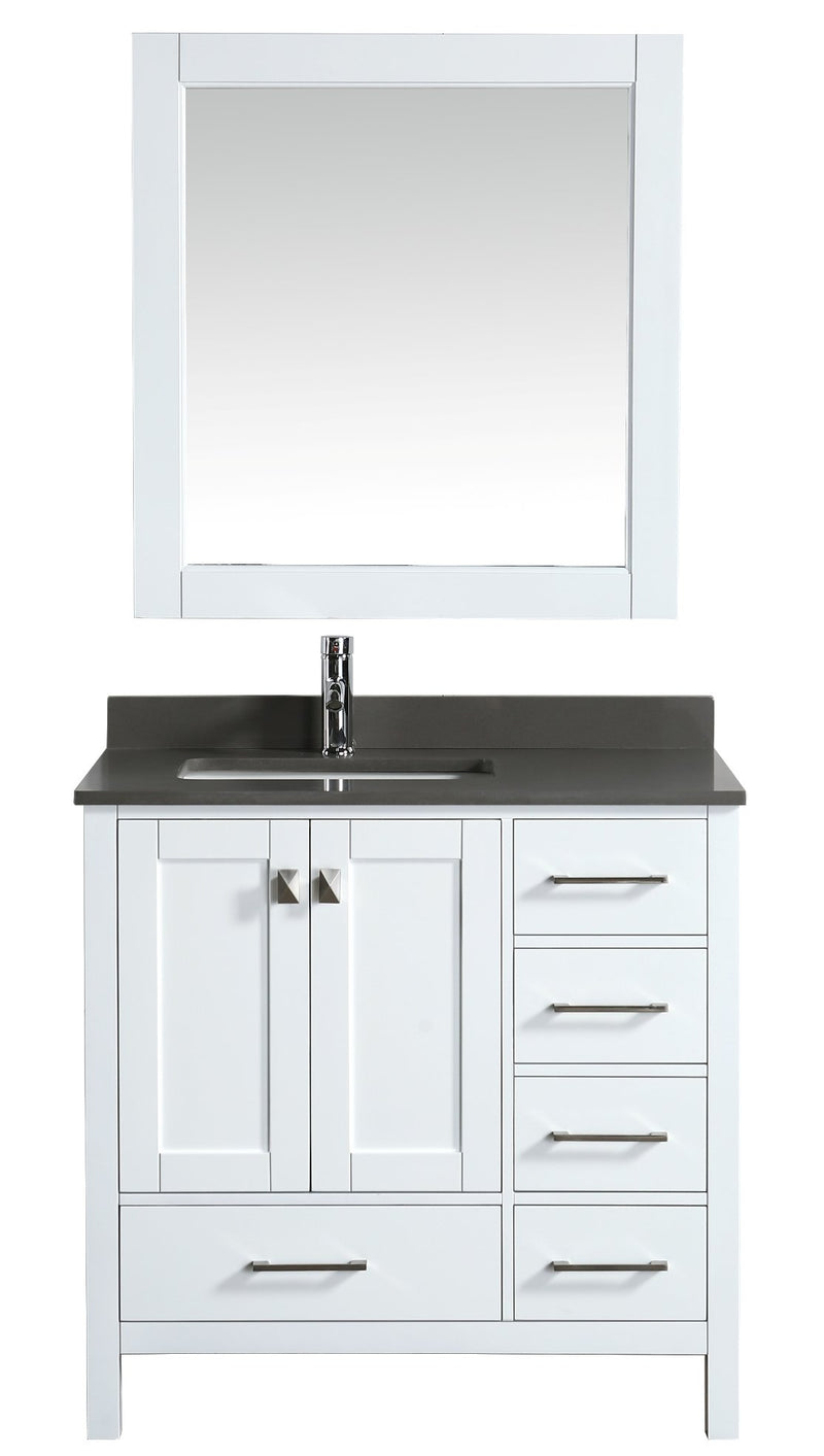 Design Element London 36" Vanity in White with Quartz Vanity Top in Gray with White Basin and Mirror