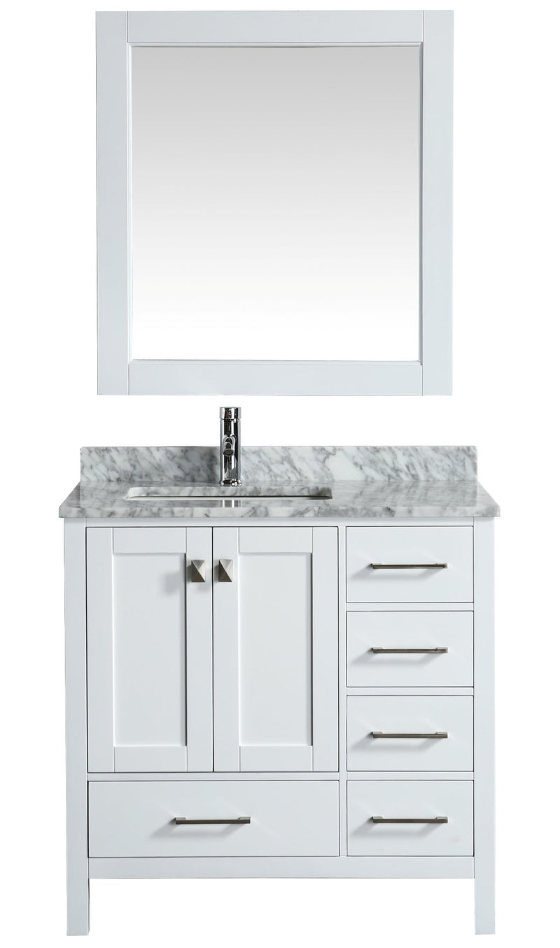 Design Element London 36" Vanity in White with Marble Vanity Top in Carrera White with White Basin and Mirror
