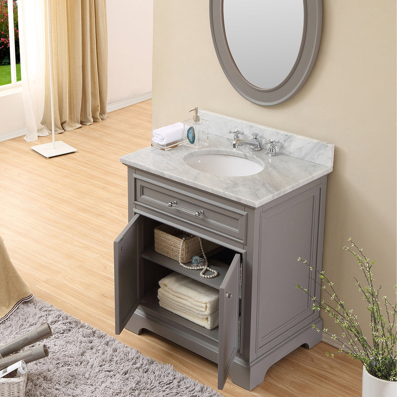 Water Creation 30" Cashmere Gray Single Sink Bathroom Vanity with Matching Framed Mirror and Faucet From The Derby Collection DE30CW01CG-O24BX0901