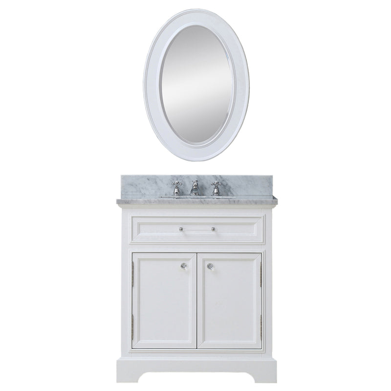 Water Creation 30" Pure White Single Sink Bathroom Vanity with Matching Framed Mirror and Faucet From The Derby Collection DE30CW01PW-O24BX0901