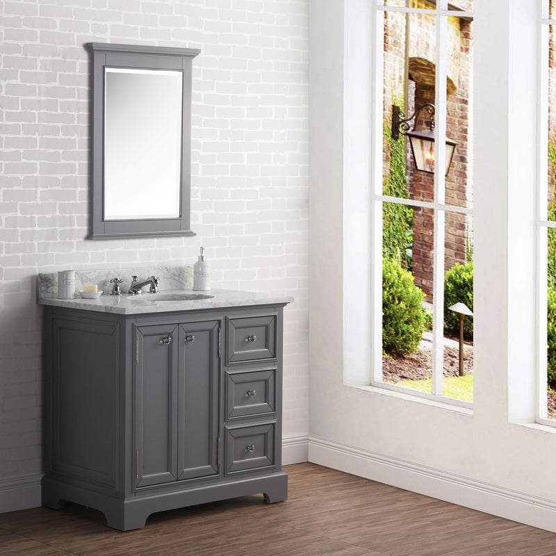 Water Creation 36" Wide Cashmere Gray Single Sink Carrara Marble Bathroom Vanity with Matching Mirror and Faucet From The Derby Collection DE36CW01CG-B24BX0901