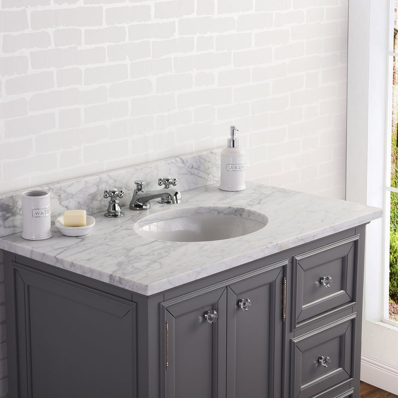 Water Creation 36" Wide Cashmere Gray Single Sink Carrara Marble Bathroom Vanity with Faucets From The Derby Collection DE36CW01CG-000BX0901