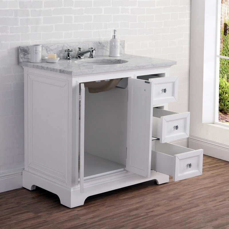 Water Creation 36" Wide Pure White Single Sink Carrara Marble Bathroom Vanity with Faucets From The Derby Collection DE36CW01PW-000BX0901