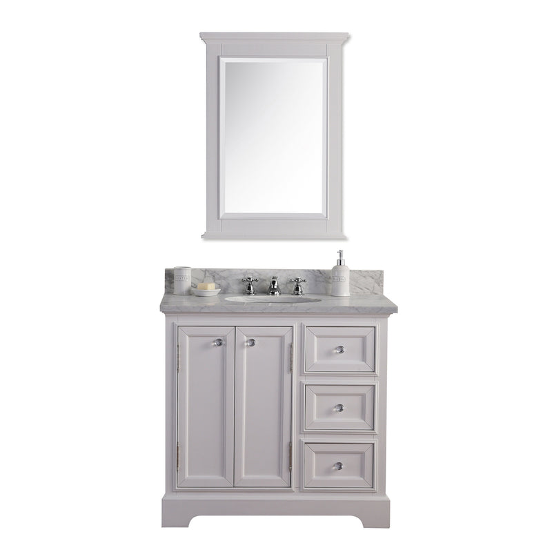 Water Creation 36" Wide Pure White Single Sink Carrara Marble Bathroom Vanity with Matching Mirror From The Derby Collection DE36CW01PW-B24000000