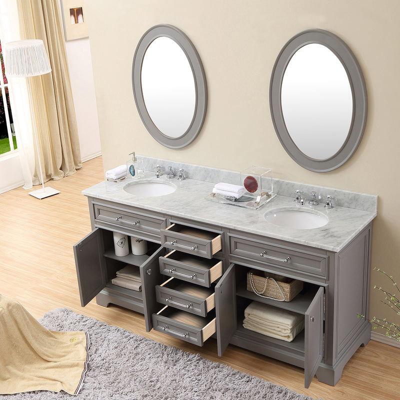 Water Creation 72" Cashmere Gray Double Sink Bathroom Vanity with Matching Framed Mirrors and Faucets From The Derby Collection DE72CW01CG-O24BX0901