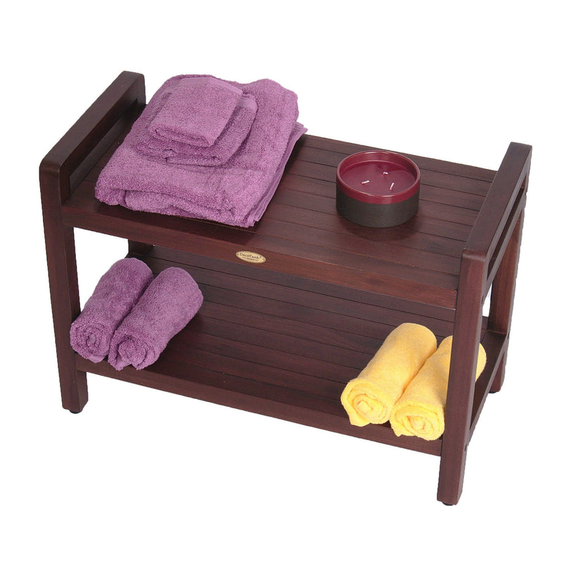 DecoTeak Classic 29" Extended LENGTH Ergonomic Teak Shower Stool with LiftAid Arms and Shelf DT174