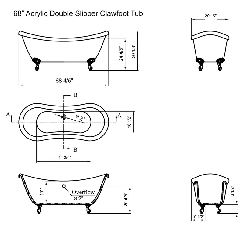 Cambridge Plumbing Acrylic Double Ended Slipper Bathtub 68" x 28" No Drillings and BN Feet