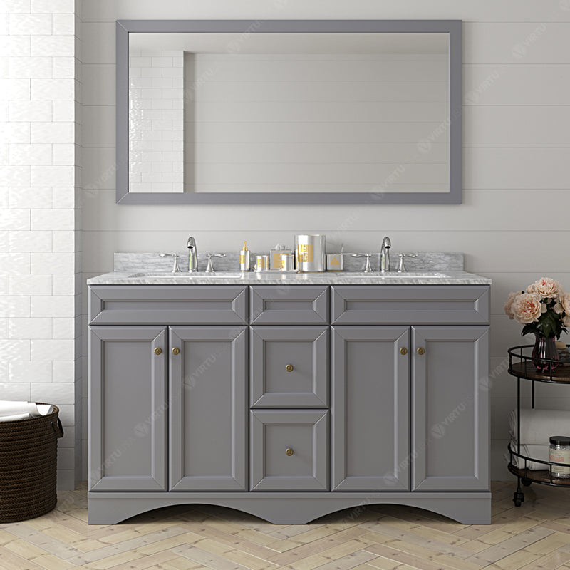 Modern Fittings Talisa 60" Double Bath Vanity with White Marble Top and Round Sinks with Faucets with Matching Mirror