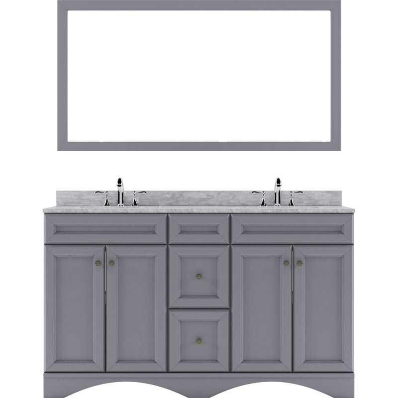 Modern Fittings Talisa 60" Double Bath Vanity with White Marble Top and Round Sinks with Faucets with Matching Mirror