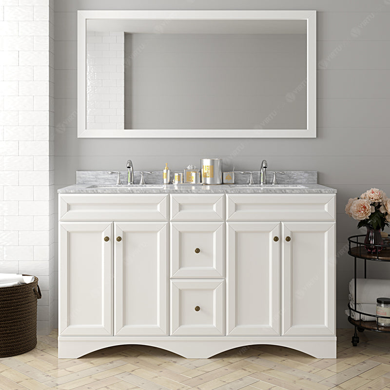 Modern Fittings Talisa 60" Double Bath Vanity with White Marble Top and Round Sinks with Faucets with Matching Mirror