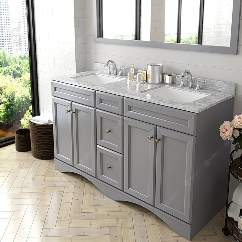 Modern Fittings Talisa 60" Double Bath Vanity with White Marble Top and Square Sinks with Faucets with Matching Mirror