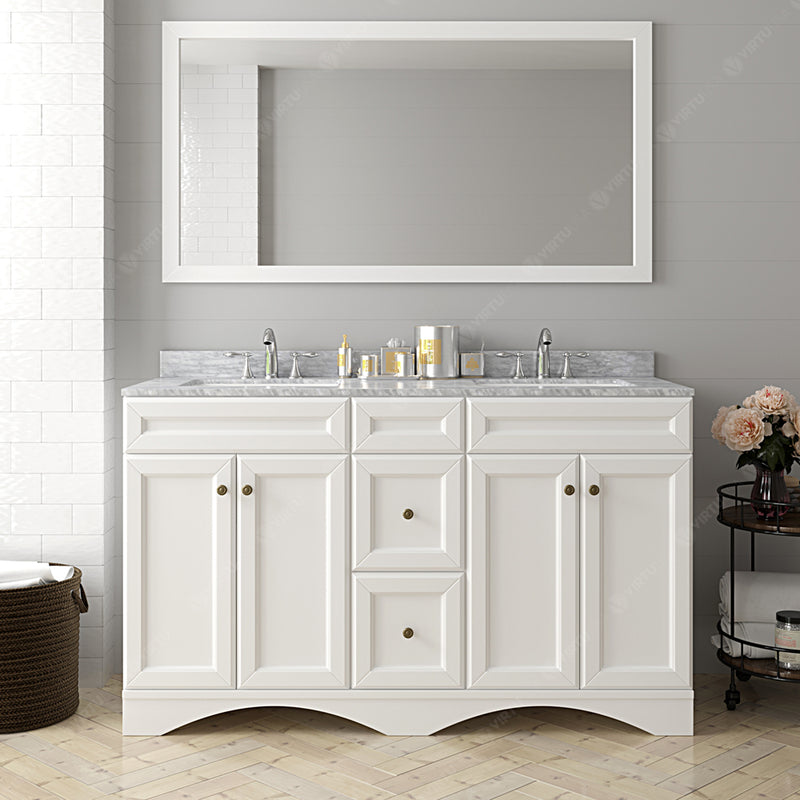 Modern Fittings Talisa 60" Double Bath Vanity with White Marble Top and Square Sinks with Faucets with Matching Mirror