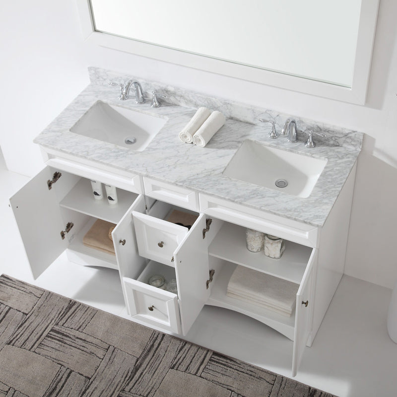 Modern Fittings Talisa 60" Double Bath Vanity with White Marble Top and Square Sinks with Faucets with Matching Mirror