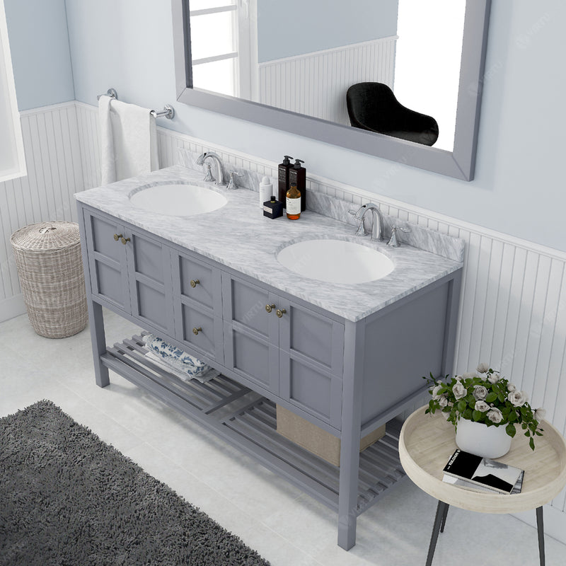 Modern Fittings Winterfell 60" Double Bath Vanity in Espresso with White Marble Top and Round Sinks Faucets