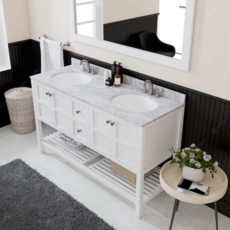 Modern Fittings Winterfell 60" Double Bath Vanity in Espresso with White Marble Top and Round Sinks Faucets